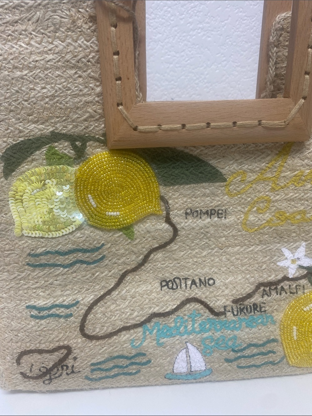 Antik Kraft Natural Straw Tote with Yellow Sequin Lemon Appliques - Picture 4 of 9